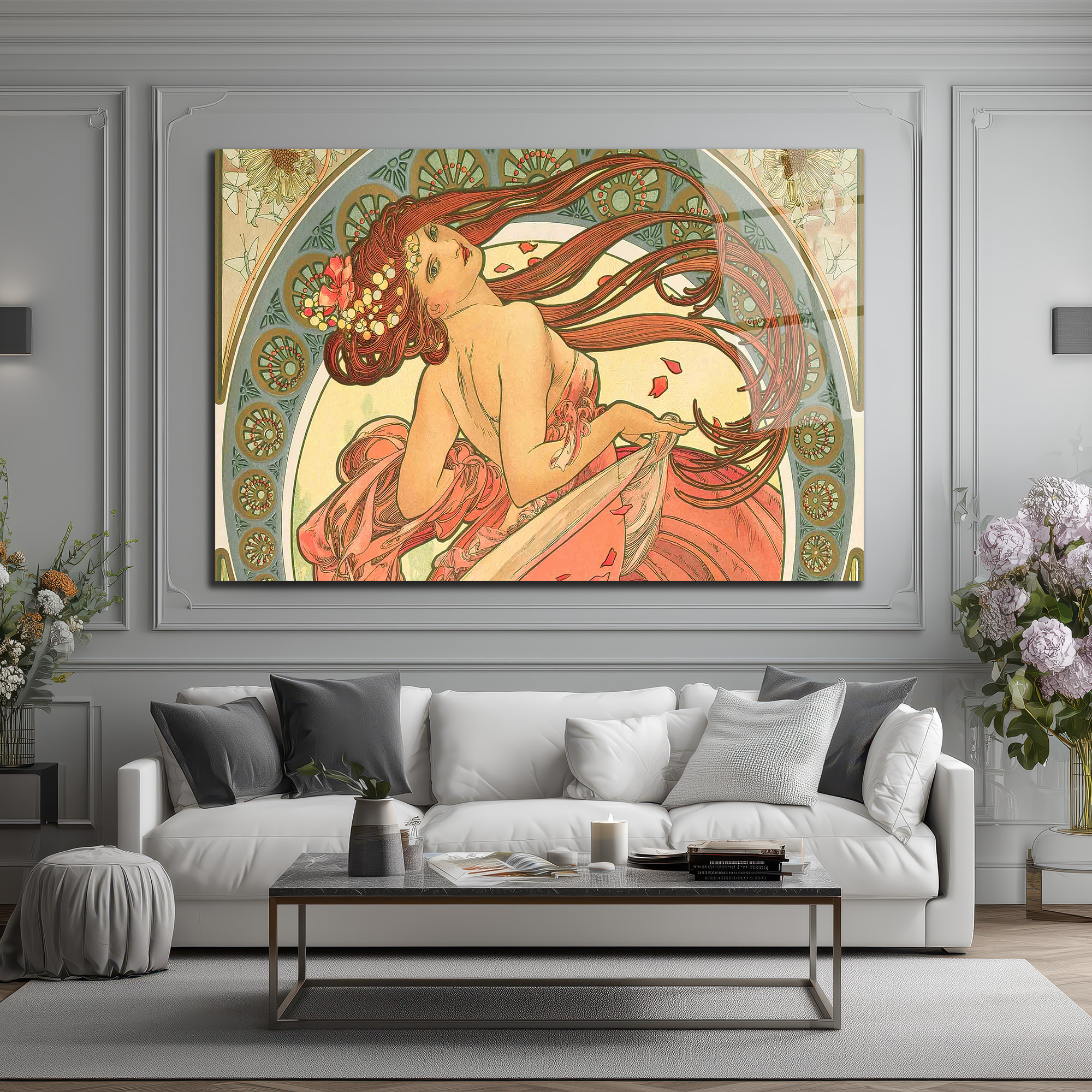Art Nouveau Zarafeti: Kızıl Saçlı Kadın Cam Tablo - Glazella Art Nouveau Zarafeti: Kızıl Saçlı Kadın Cam Tablo - Glazella