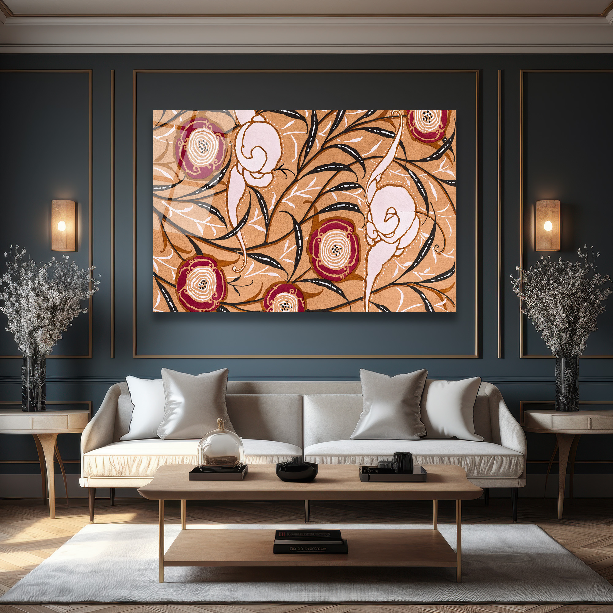 Art Nouveau Rüyası: Zarif Çiçek Desenli Cam Tablo - Glazella Art Nouveau Rüyası: Zarif Çiçek Desenli Cam Tablo - Glazella