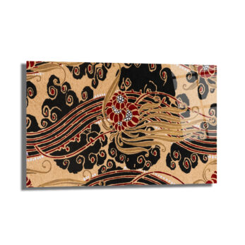 Art Nouveau Esintili Siyah Kırmızı Altın Desenli Cam Tablo - Glazella