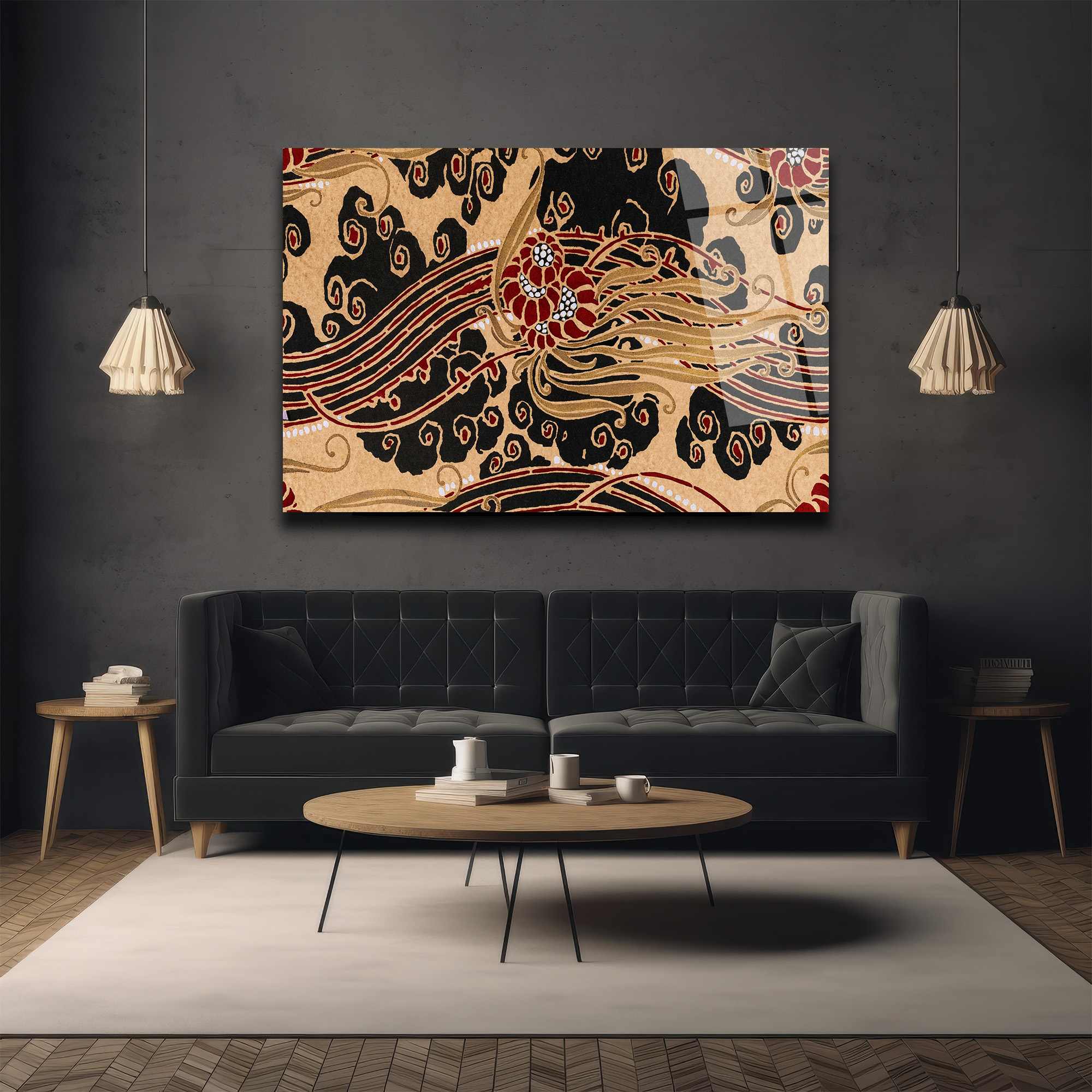 Art Nouveau Esintili Siyah Kırmızı Altın Desenli Cam Tablo - Glazella Art Nouveau Esintili Siyah Kırmızı Altın Desenli Cam Tablo - Glazella