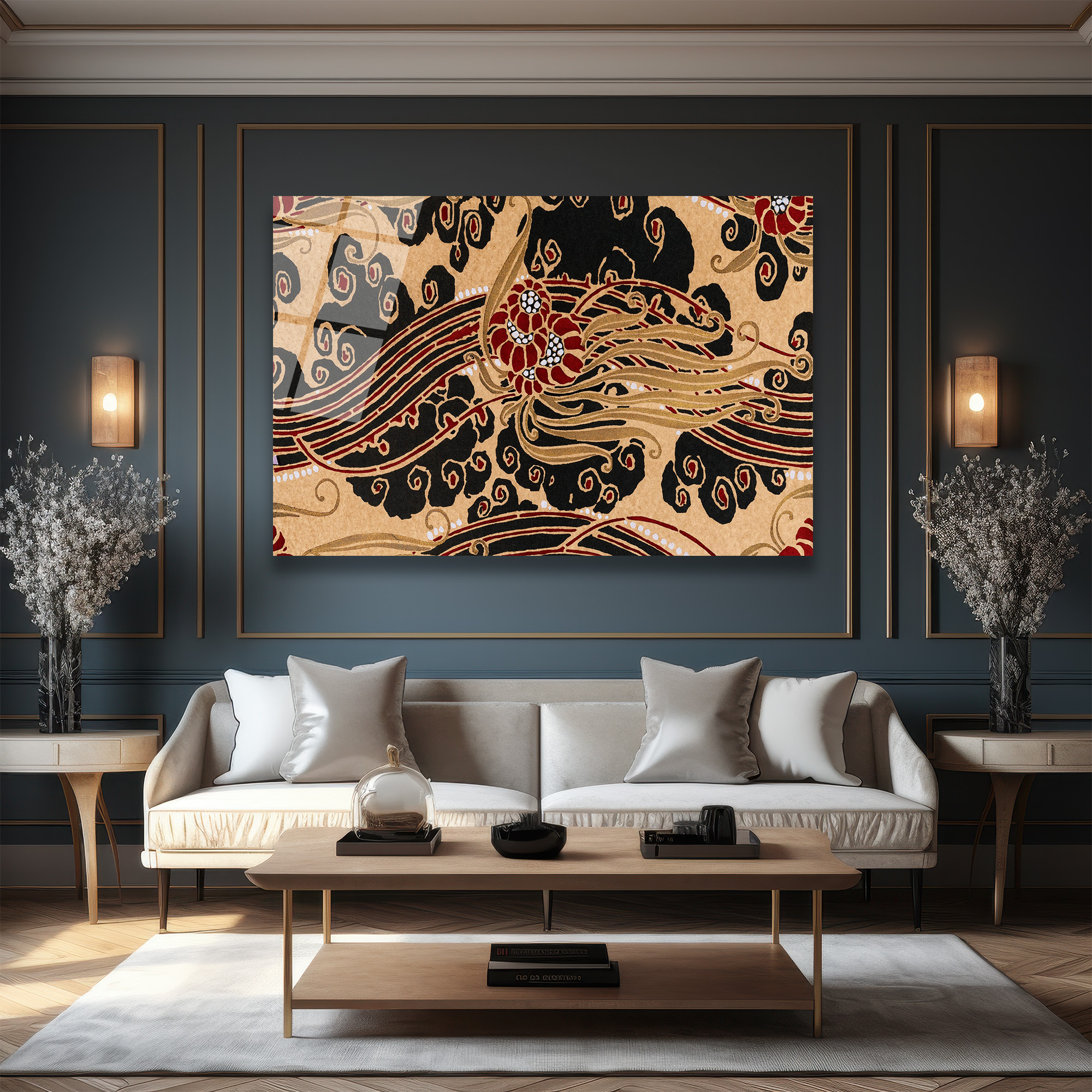 Art Nouveau Esintili Siyah Kırmızı Altın Desenli Cam Tablo - Glazella Art Nouveau Esintili Siyah Kırmızı Altın Desenli Cam Tablo - Glazella