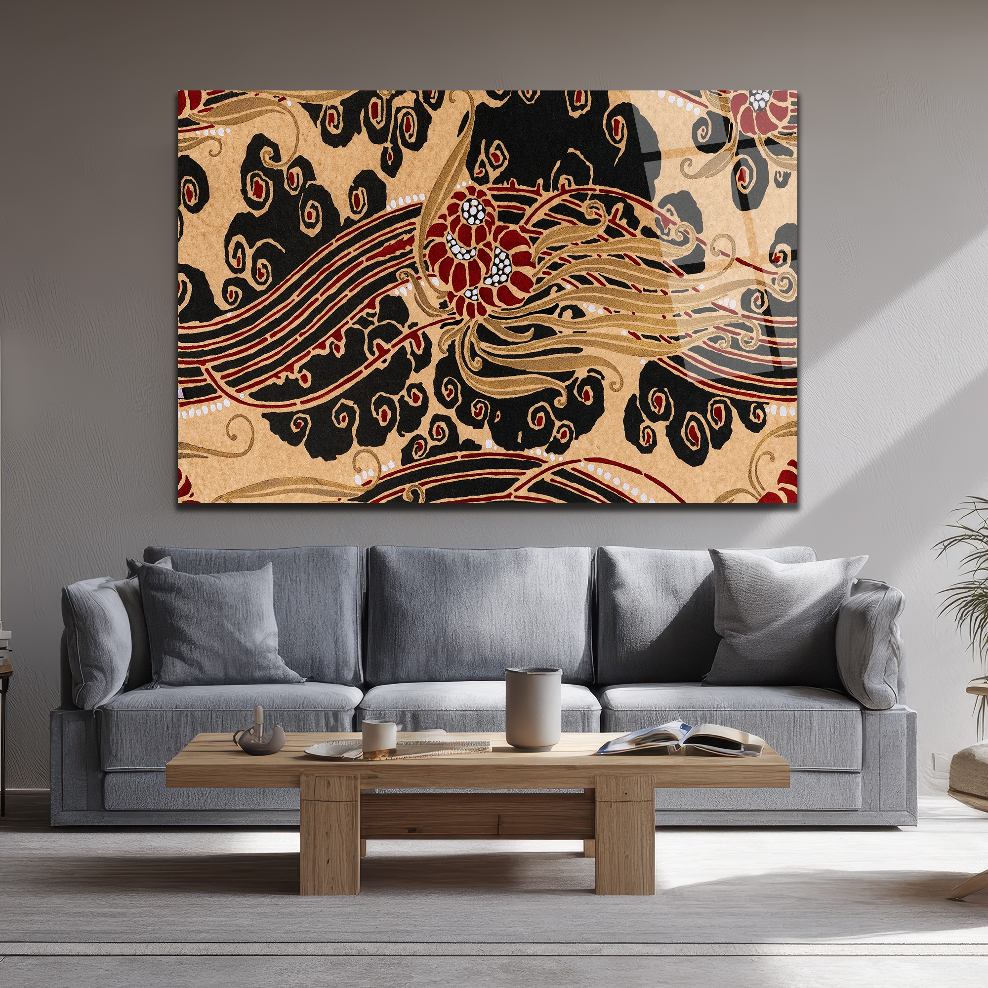 Art Nouveau Esintili Siyah Kırmızı Altın Desenli Cam Tablo - Glazella Art Nouveau Esintili Siyah Kırmızı Altın Desenli Cam Tablo - Glazella
