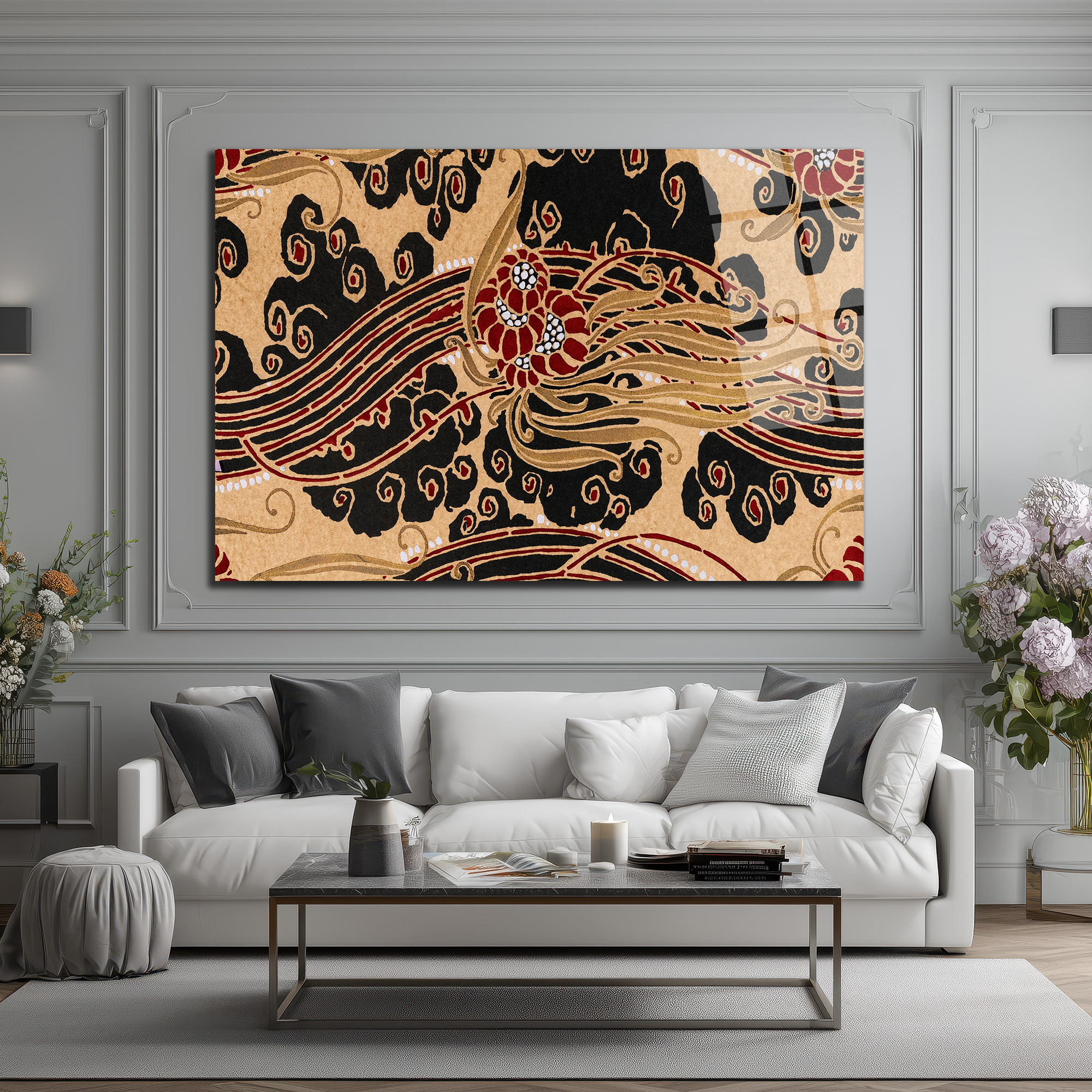 Art Nouveau Esintili Siyah Kırmızı Altın Desenli Cam Tablo - Glazella Art Nouveau Esintili Siyah Kırmızı Altın Desenli Cam Tablo - Glazella