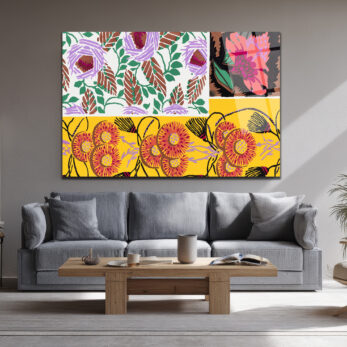 Canlı Floral Desenler Kolajı Cam Tablo - Glazella