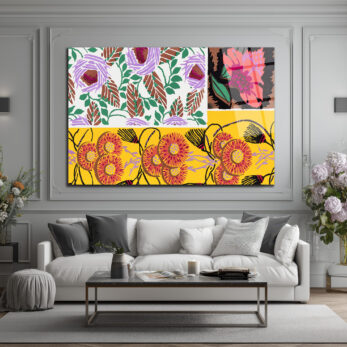 Canlı Floral Desenler Kolajı Cam Tablo - Glazella