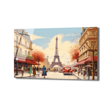 Eiffel Kulesi Manzaralı Paris Sokağı Sanat Cam Tablo - Glazella