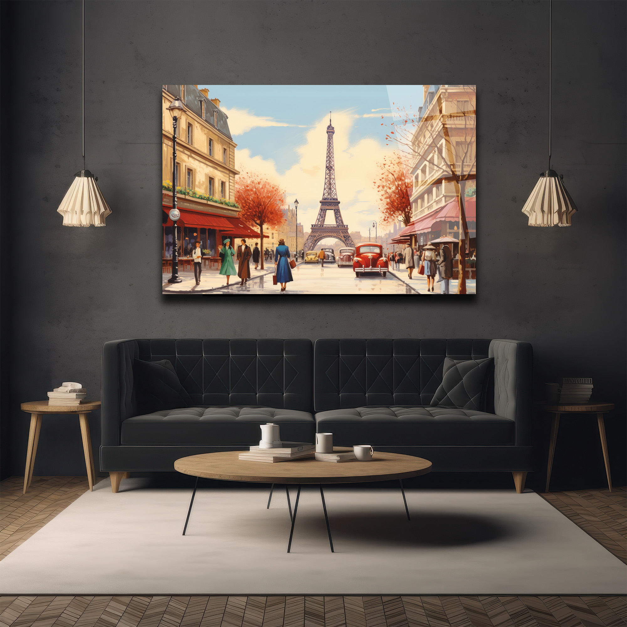 Eiffel Kulesi Manzaralı Paris Sokağı Sanat Cam Tablo - Glazella Eiffel Kulesi Manzaralı Paris Sokağı Sanat Cam Tablo - Glazella