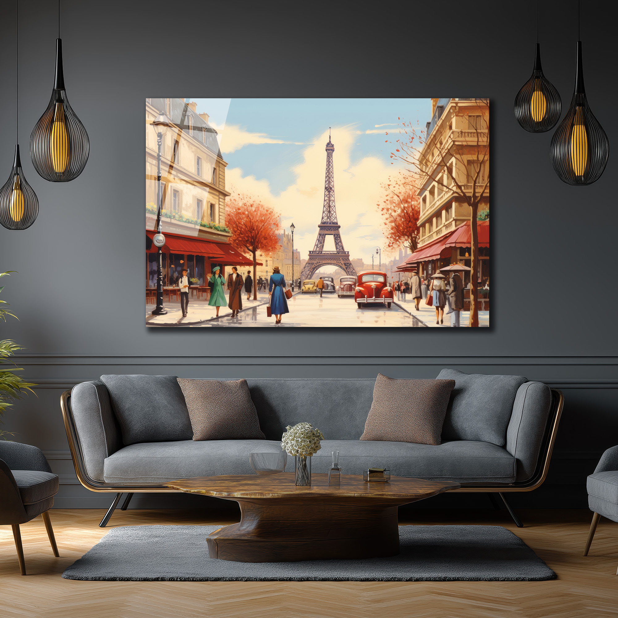 Eiffel Kulesi Manzaralı Paris Sokağı Sanat Cam Tablo - Glazella Eiffel Kulesi Manzaralı Paris Sokağı Sanat Cam Tablo - Glazella