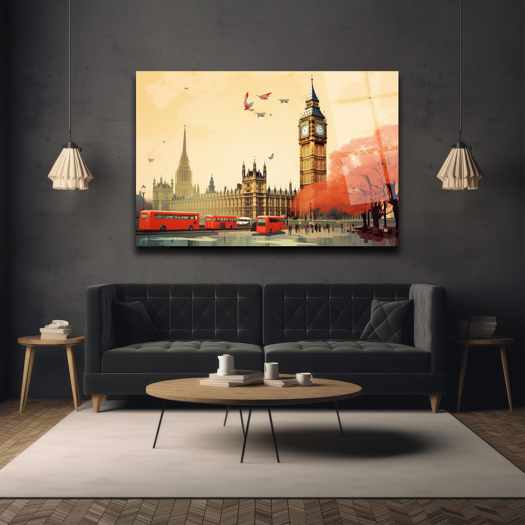 Londra Büyüsü: Big Ben ve Kırmızı Otobüsler Cam Tablo - Glazella Londra Büyüsü: Big Ben ve Kırmızı Otobüsler Cam Tablo - Glazella