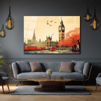 Londra Büyüsü: Big Ben ve Kırmızı Otobüsler Cam Tablo - Glazella Londra Büyüsü: Big Ben ve Kırmızı Otobüsler Cam Tablo - Glazella