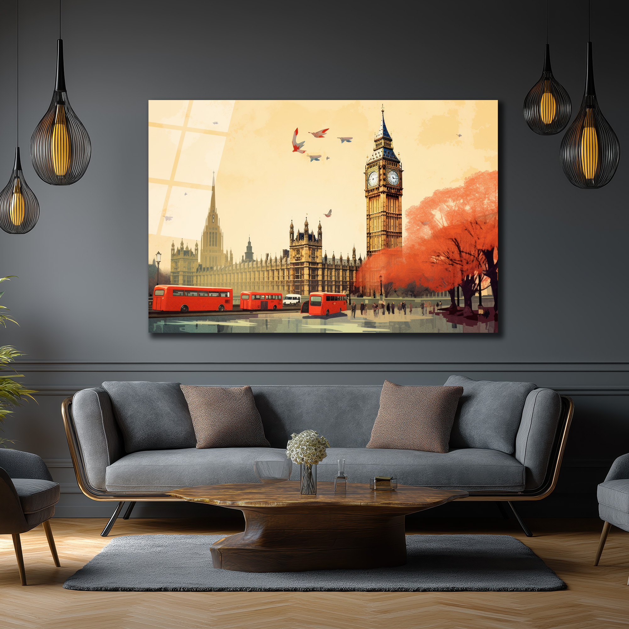 Londra Büyüsü: Big Ben ve Kırmızı Otobüsler Cam Tablo - Glazella Londra Büyüsü: Big Ben ve Kırmızı Otobüsler Cam Tablo - Glazella