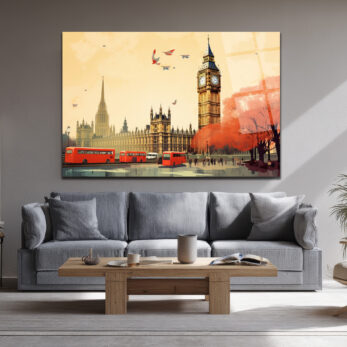 Londra Büyüsü: Big Ben ve Kırmızı Otobüsler Cam Tablo - Glazella Londra Büyüsü: Big Ben ve Kırmızı Otobüsler Cam Tablo - Glazella