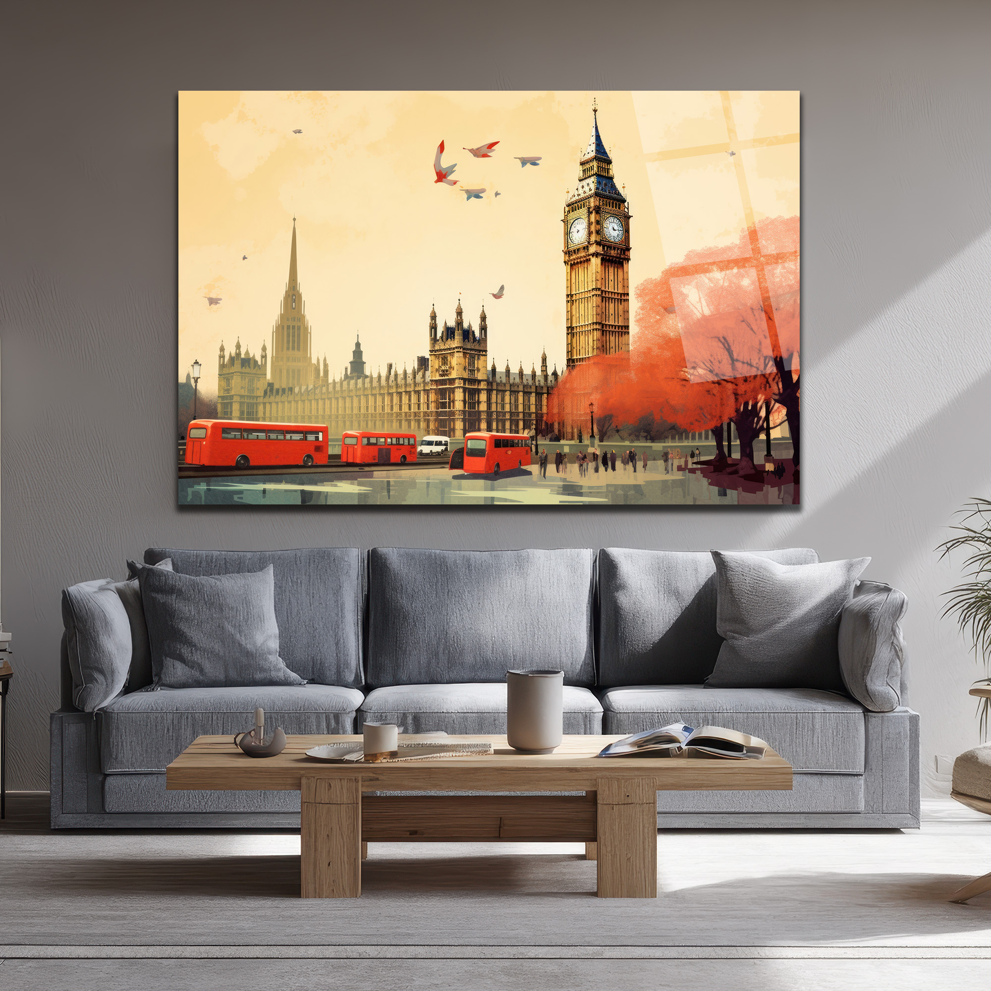 Londra Büyüsü: Big Ben ve Kırmızı Otobüsler Cam Tablo - Glazella Londra Büyüsü: Big Ben ve Kırmızı Otobüsler Cam Tablo - Glazella