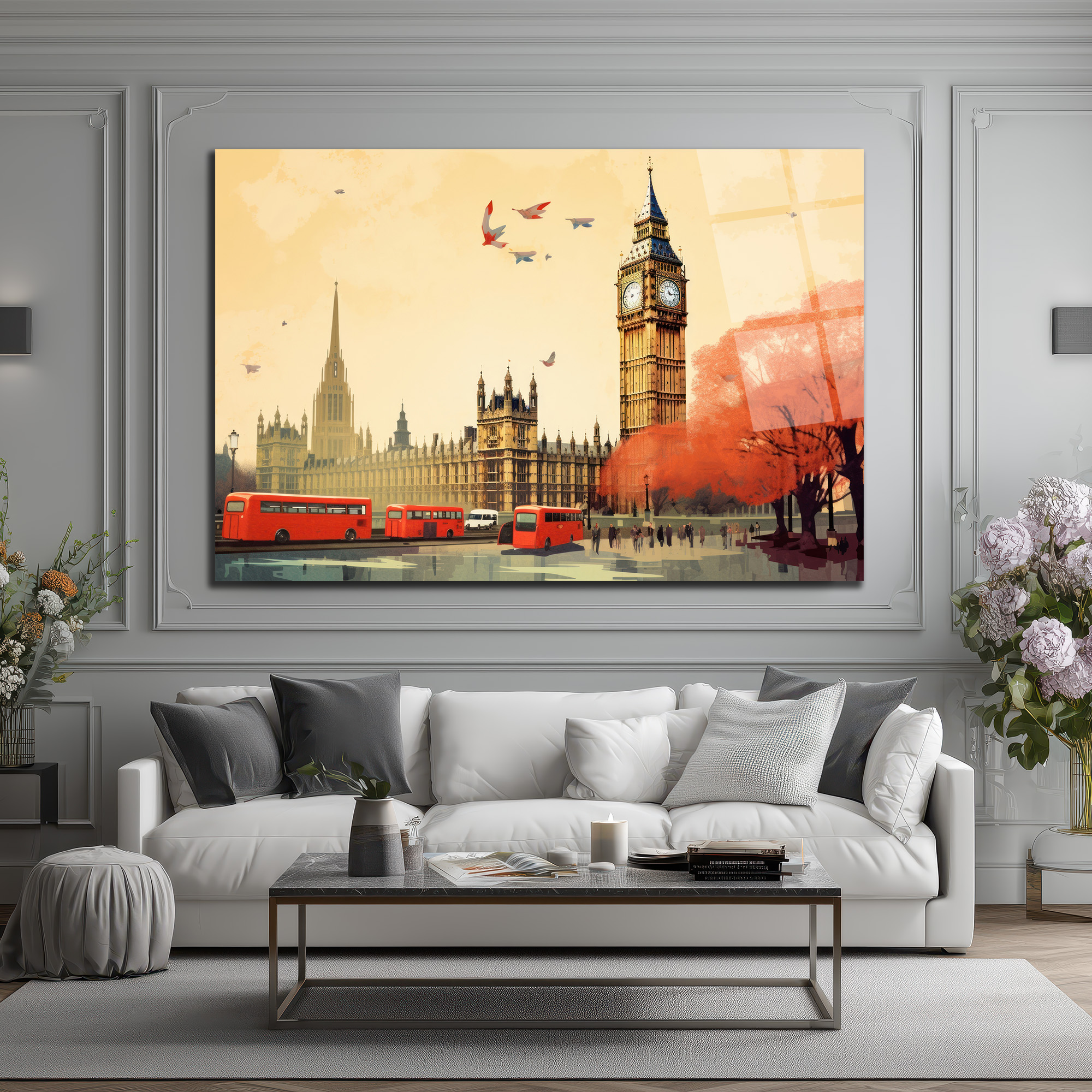Londra Büyüsü: Big Ben ve Kırmızı Otobüsler Cam Tablo - Glazella Londra Büyüsü: Big Ben ve Kırmızı Otobüsler Cam Tablo - Glazella