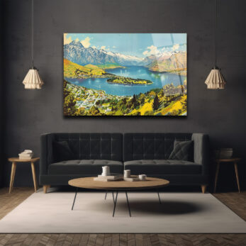 Queenstown Manzarası Cam Tablo - Karlı Dağlar ve Huzurlu Göl - Glazella