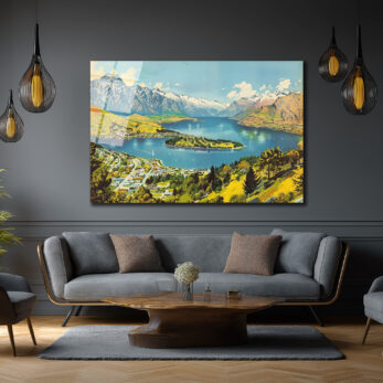 Queenstown Manzarası Cam Tablo - Karlı Dağlar ve Huzurlu Göl - Glazella