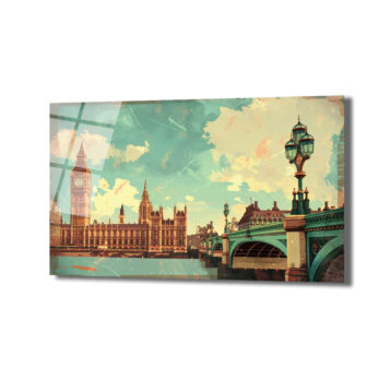 Vintage Londra Manzarası Cam Tablo - Big Ben ve Westminster Köprüsü - Glazella
