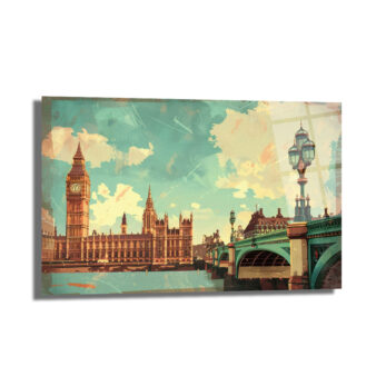 Vintage Londra Manzarası Cam Tablo - Big Ben ve Westminster Köprüsü - Glazella
