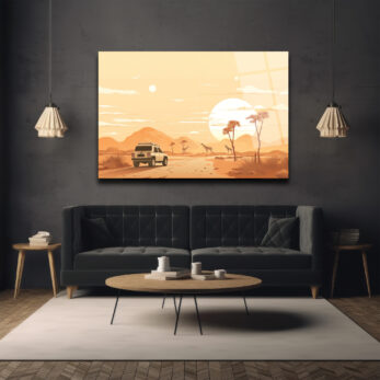 Afrika Safari Gün Batımı Manzaralı Modern Cam Tablo - Glazella