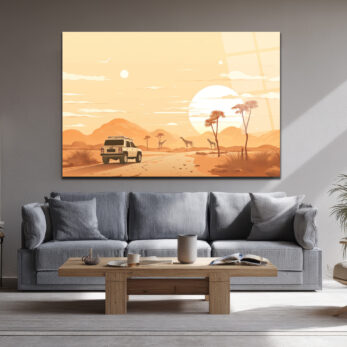 Afrika Safari Gün Batımı Manzaralı Modern Cam Tablo - Glazella