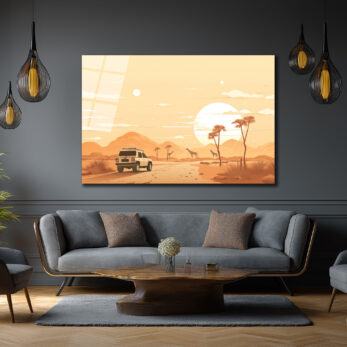Afrika Safari Gün Batımı Manzaralı Modern Cam Tablo - Glazella