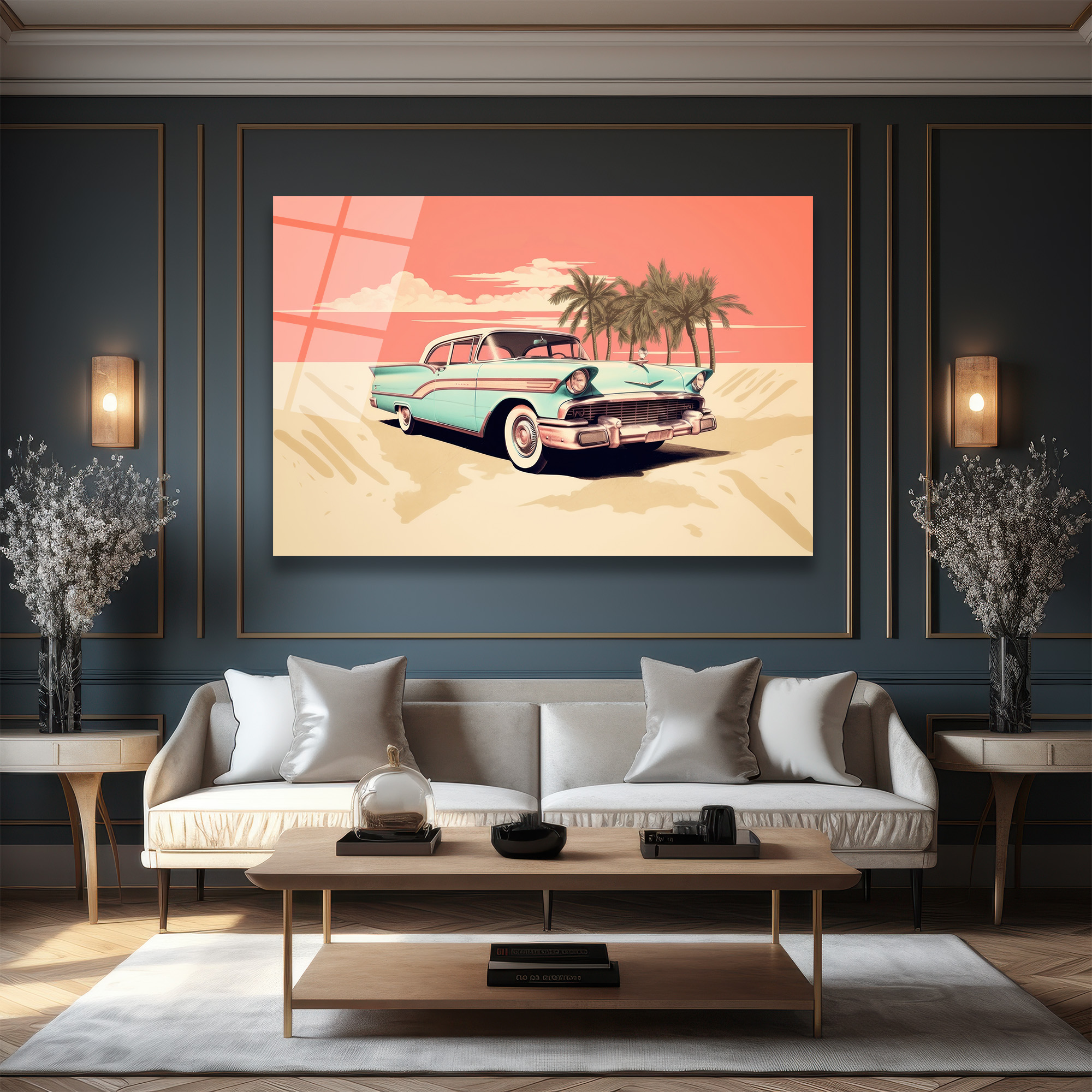 Retro Sahil Esintisi: Klasik Araba Temalı Dekoratif Cam Tablo - Glazella Retro Sahil Esintisi: Klasik Araba Temalı Dekoratif Cam Tablo - Glazella