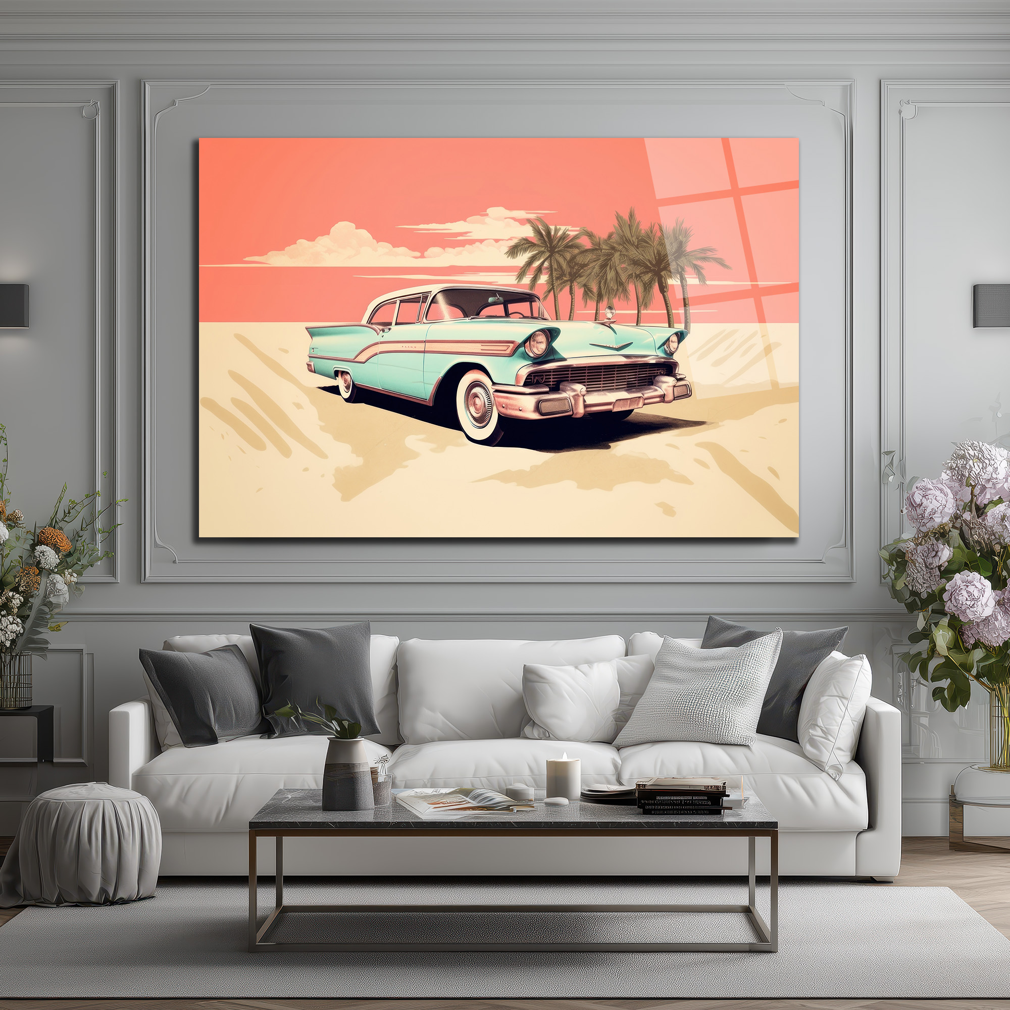 Retro Sahil Esintisi: Klasik Araba Temalı Dekoratif Cam Tablo - Glazella Retro Sahil Esintisi: Klasik Araba Temalı Dekoratif Cam Tablo - Glazella