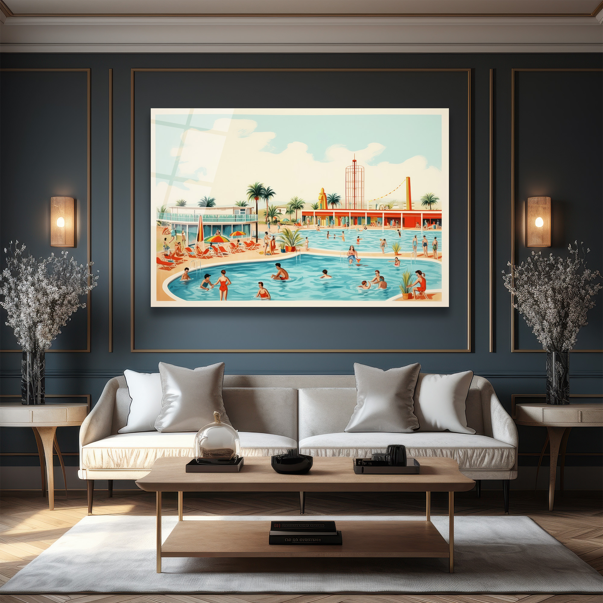 Retro Yaz Havuzu Cam Tablo - Sonsuz Tatil Coşkusu - Glazella Retro Yaz Havuzu Cam Tablo - Sonsuz Tatil Coşkusu - Glazella