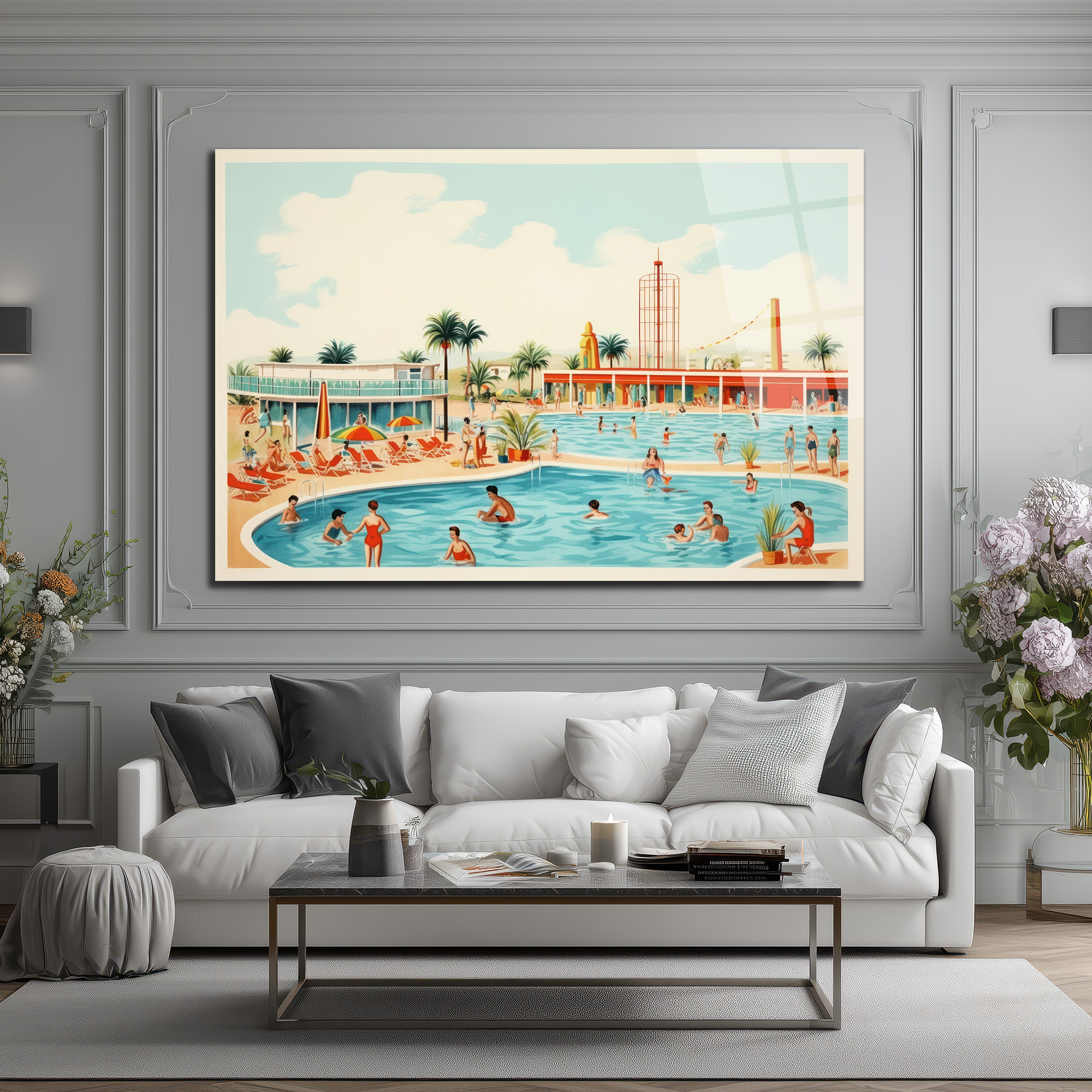 Retro Yaz Havuzu Cam Tablo - Sonsuz Tatil Coşkusu - Glazella Retro Yaz Havuzu Cam Tablo - Sonsuz Tatil Coşkusu - Glazella