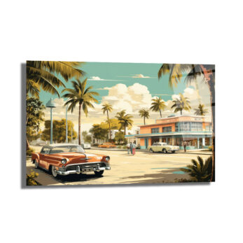 Miami Esintisi Retro Klasik Arabalar Cam Tablo - Glazella