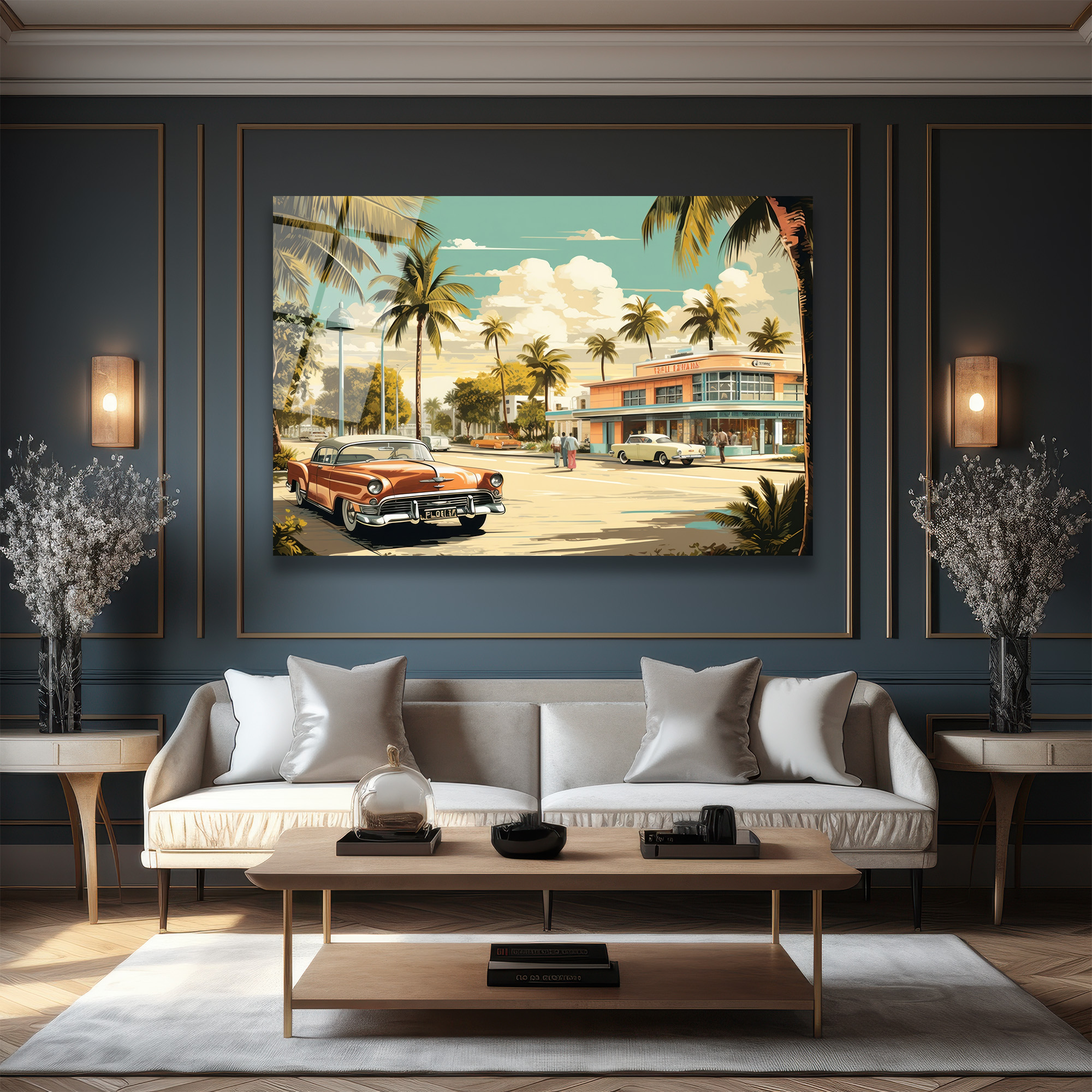 Miami Esintisi Retro Klasik Arabalar Cam Tablo - Glazella Miami Esintisi Retro Klasik Arabalar Cam Tablo - Glazella