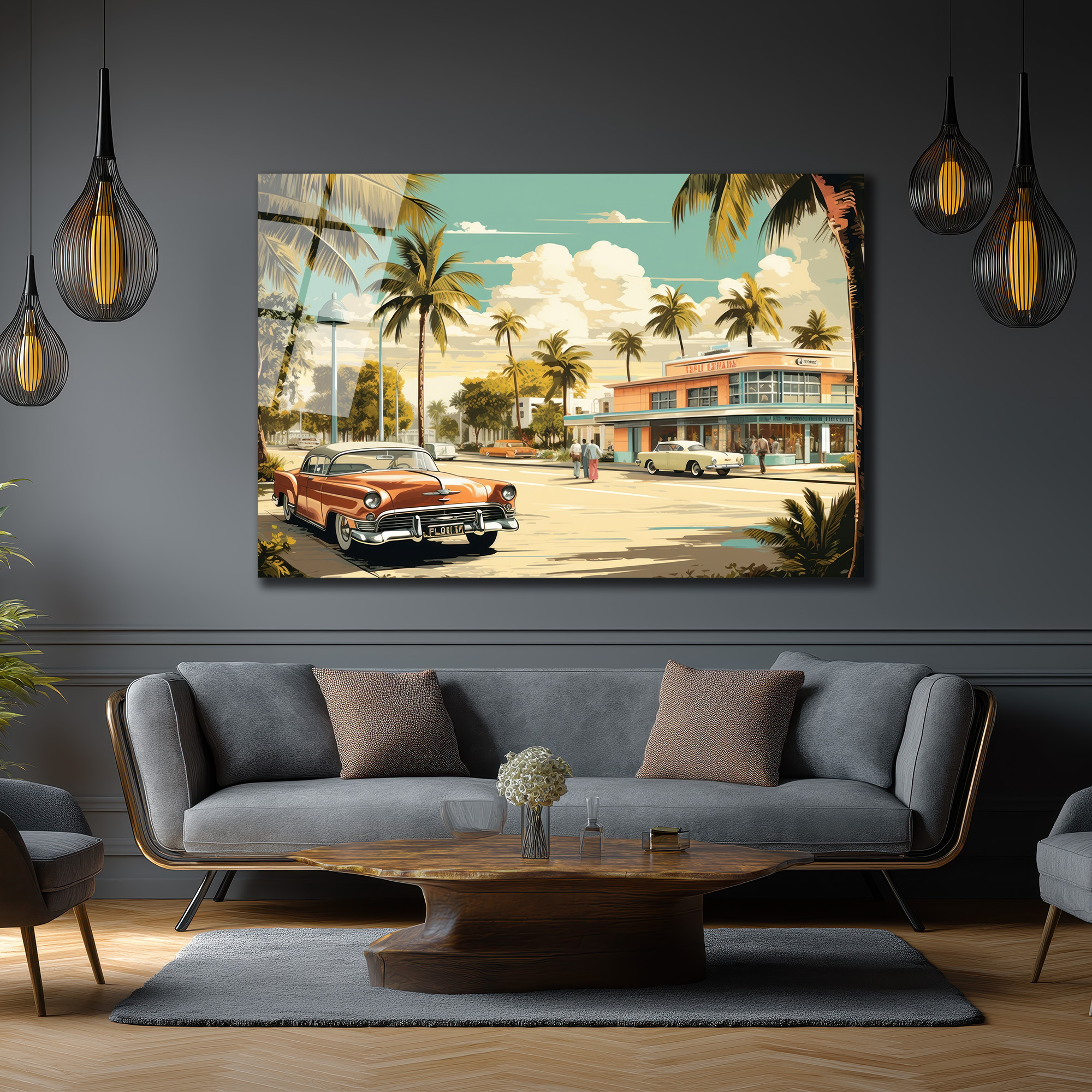 Miami Esintisi Retro Klasik Arabalar Cam Tablo - Glazella Miami Esintisi Retro Klasik Arabalar Cam Tablo - Glazella