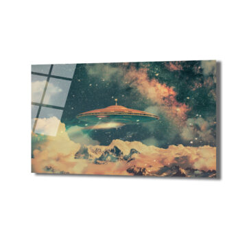 Gizemli UFO ve Galaksi Manzaralı Premium Cam Tablo - Glazella