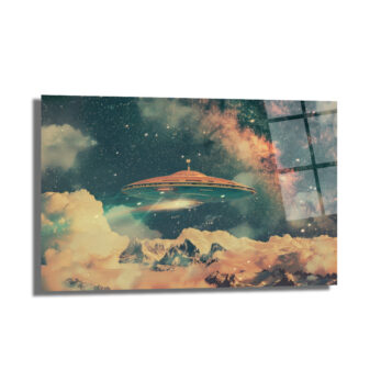 Gizemli UFO ve Galaksi Manzaralı Premium Cam Tablo - Glazella