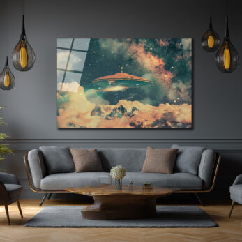 Gizemli UFO ve Galaksi Manzaralı Premium Cam Tablo - Glazella