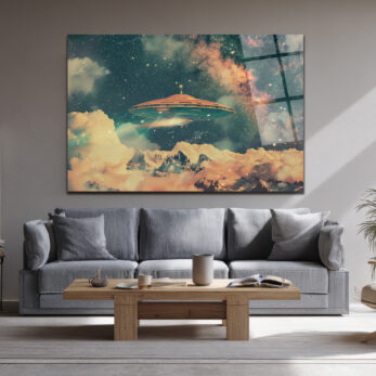 Gizemli UFO ve Galaksi Manzaralı Premium Cam Tablo - Glazella