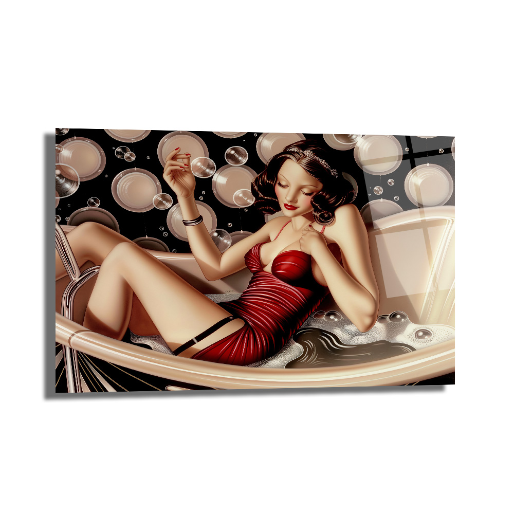 Banyo Keyfi: Kırmızı Elbiseli Vintage Kadın Cam Tablo - Glazella Banyo Keyfi: Kırmızı Elbiseli Vintage Kadın Cam Tablo - Glazella