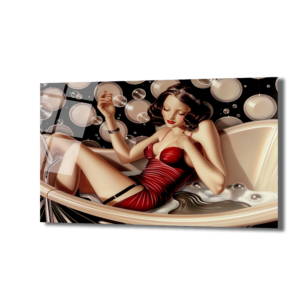 Banyo Keyfi: Kırmızı Elbiseli Vintage Kadın Cam Tablo - Glazella Banyo Keyfi: Kırmızı Elbiseli Vintage Kadın Cam Tablo - Glazella