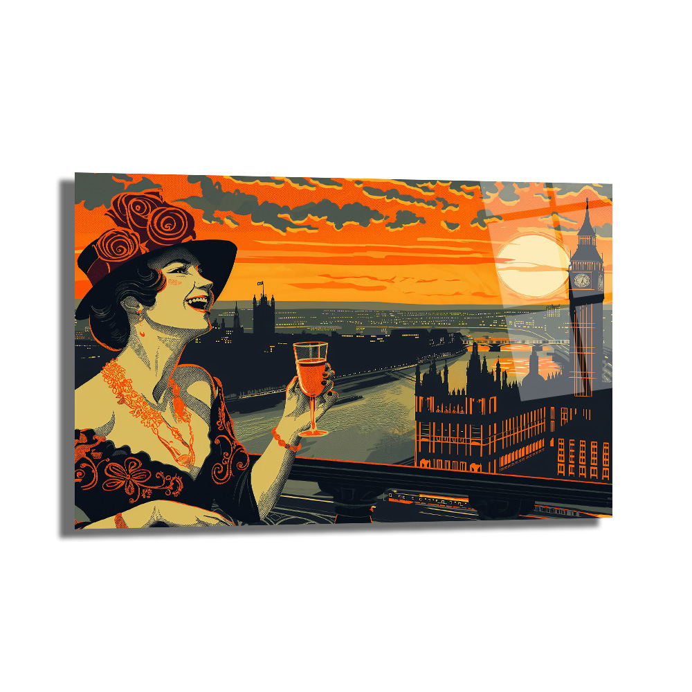 Londra Gün Batımı ve Art Deco Kadın Cam Tablo - Glazella Londra Gün Batımı ve Art Deco Kadın Cam Tablo - Glazella