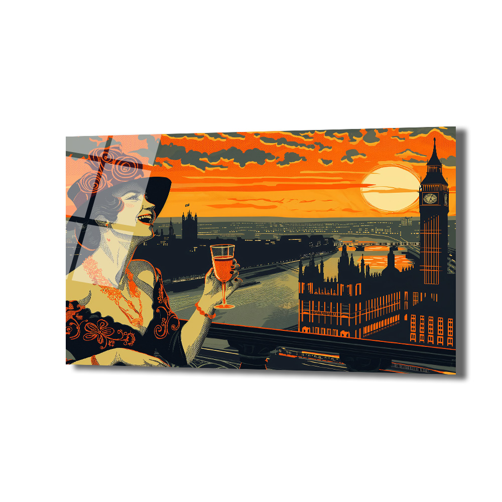 Londra Gün Batımı ve Art Deco Kadın Cam Tablo - Glazella Londra Gün Batımı ve Art Deco Kadın Cam Tablo - Glazella