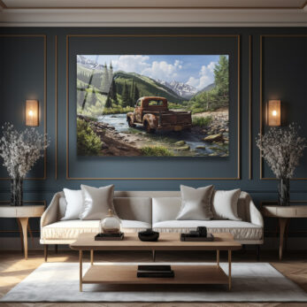 Nostaljik Kamyonet ve Dağlar Cam Tablo: Doğanın Kalbinde Bir Yolculuk - Glazella