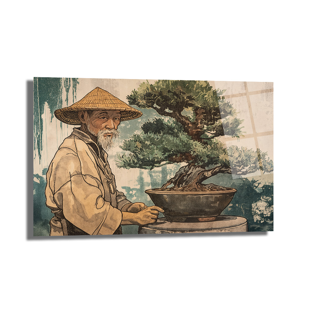 Bonsai Ustası ve Sakin Dünya Cam Tablo - Glazella Bonsai Ustası ve Sakin Dünya Cam Tablo - Glazella