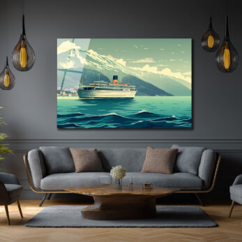 Vintage Gemi ve Karlı Dağlar Cam Tablo: Denizlerin Çağrısı - Glazella