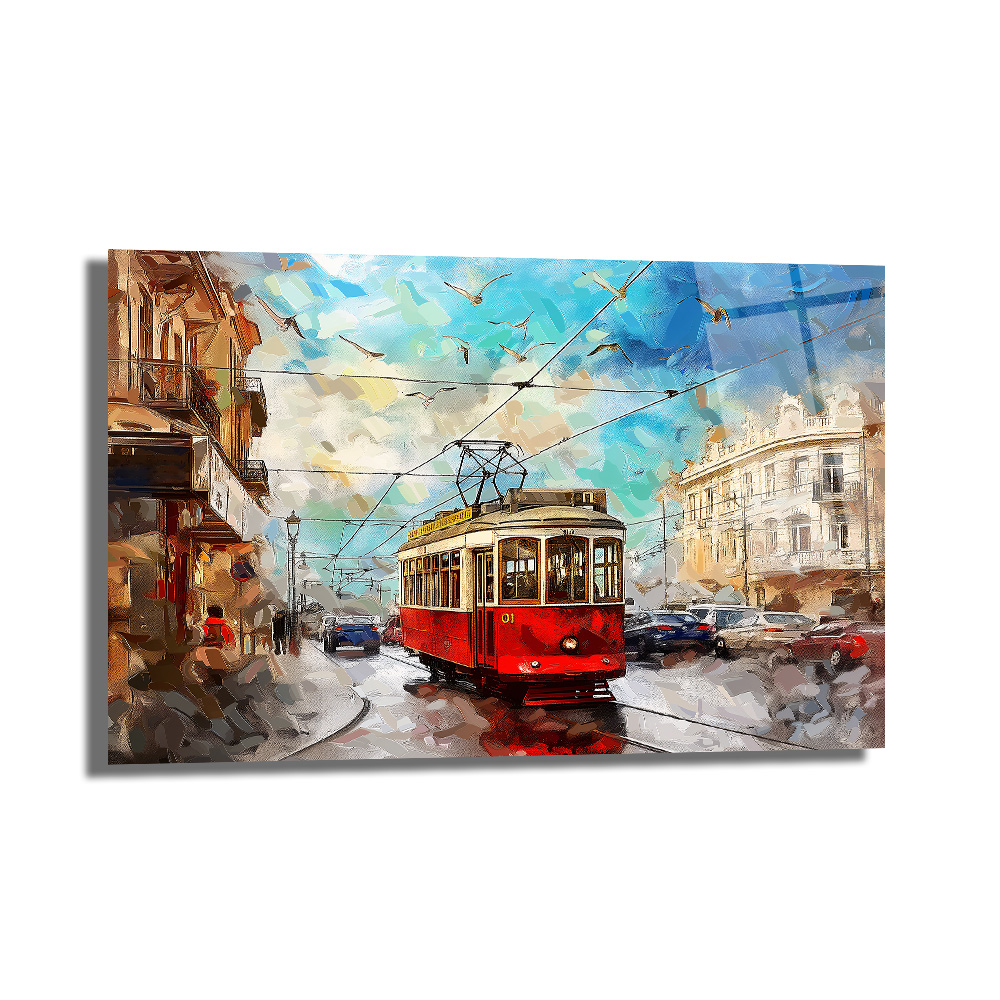 Şehrin Ritmi: Kırmızı Tramvay Sanatsal Cam Tablo - Glazella Şehrin Ritmi: Kırmızı Tramvay Sanatsal Cam Tablo - Glazella