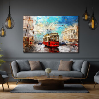 Şehrin Ritmi: Kırmızı Tramvay Sanatsal Cam Tablo - Glazella Şehrin Ritmi: Kırmızı Tramvay Sanatsal Cam Tablo - Glazella