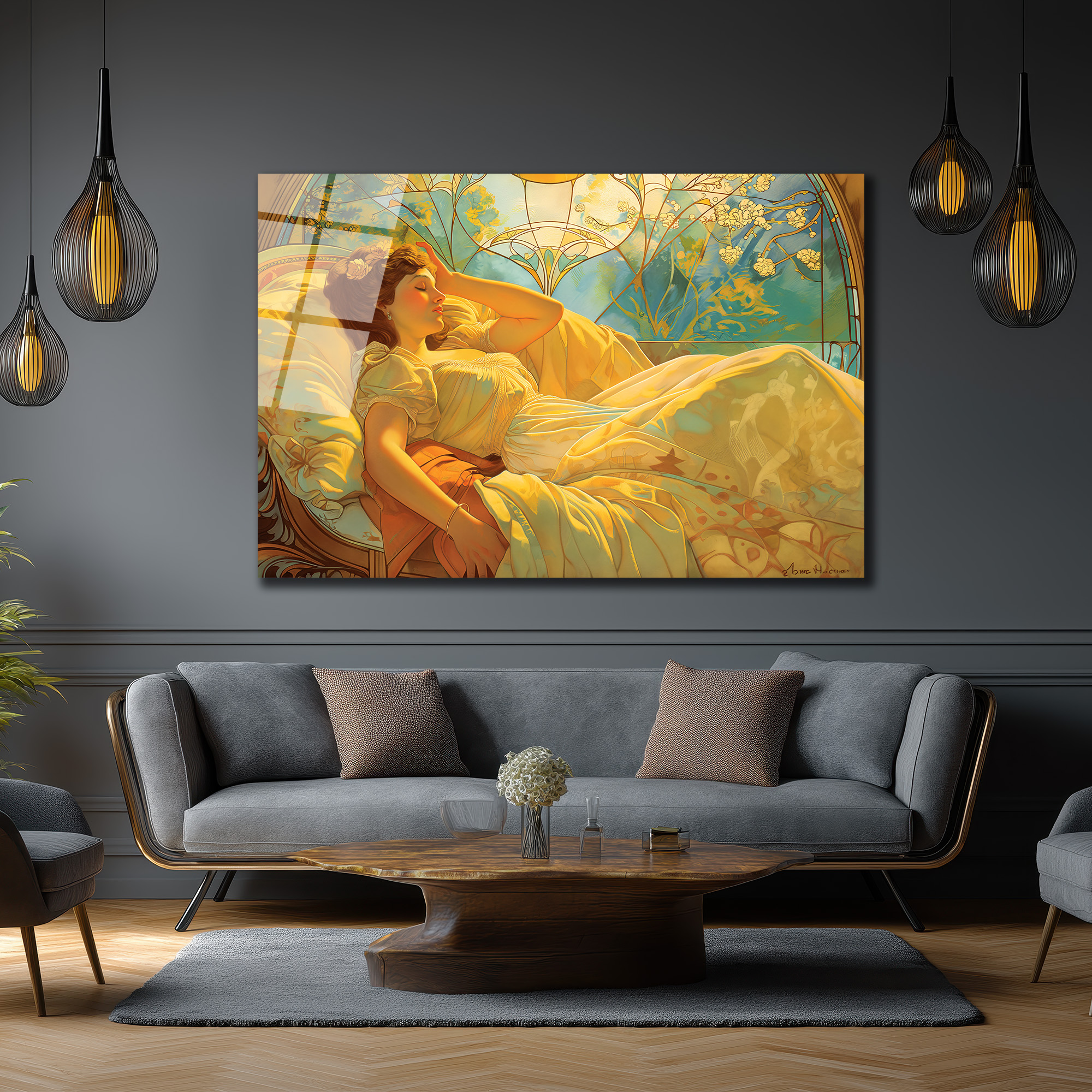 Altın Işıltılı Rüya Art Nouveau Cam Tablo - Glazella Altın Işıltılı Rüya Art Nouveau Cam Tablo - Glazella