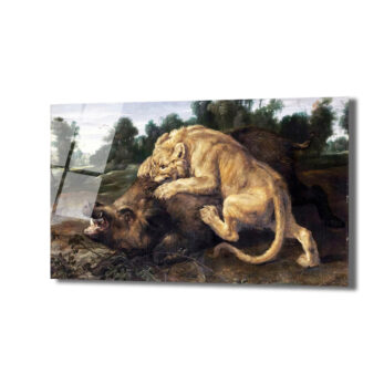 Aslan ve Yaban Domuzu Avı Temalı Güçlü Sanatsal Cam Tablo - Glazella