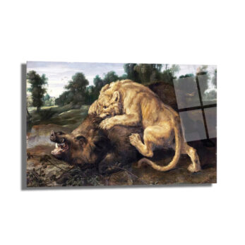 Aslan ve Yaban Domuzu Avı Temalı Güçlü Sanatsal Cam Tablo - Glazella