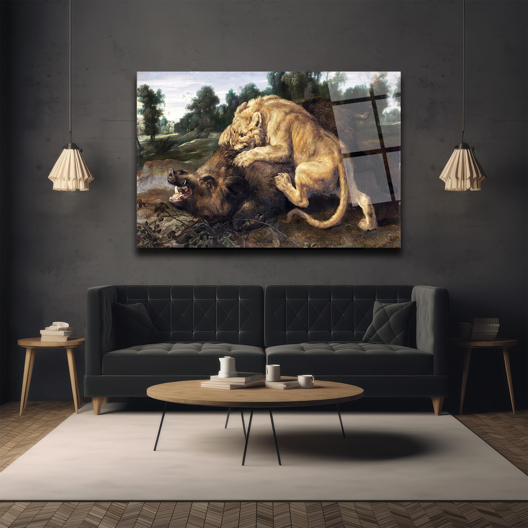Aslan ve Yaban Domuzu Avı Temalı Güçlü Sanatsal Cam Tablo - Glazella Aslan ve Yaban Domuzu Avı Temalı Güçlü Sanatsal Cam Tablo - Glazella