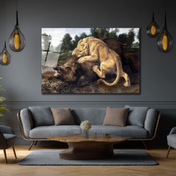 Aslan ve Yaban Domuzu Avı Temalı Güçlü Sanatsal Cam Tablo - Glazella Aslan ve Yaban Domuzu Avı Temalı Güçlü Sanatsal Cam Tablo - Glazella